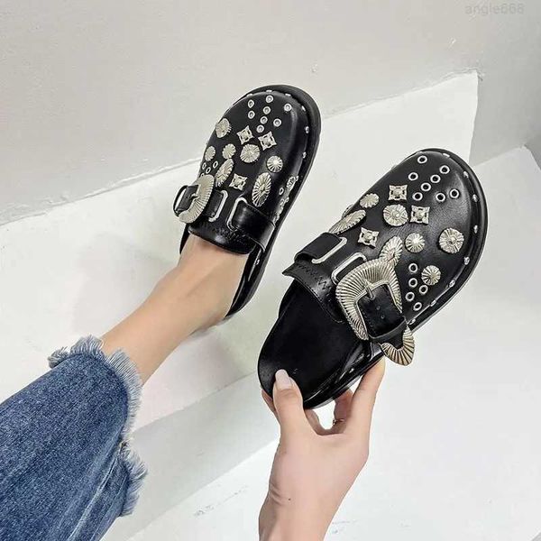 

summer women slippers platform rivets punk rock leather mules creative metal fittings casual party shoes female outdoor slides 221031, Black