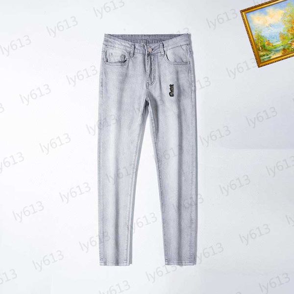 

light gray designer mens jeans spring summer luxury fashion brand logo printed heavy duty washed straight leg denim pants male clothing trou, Blue
