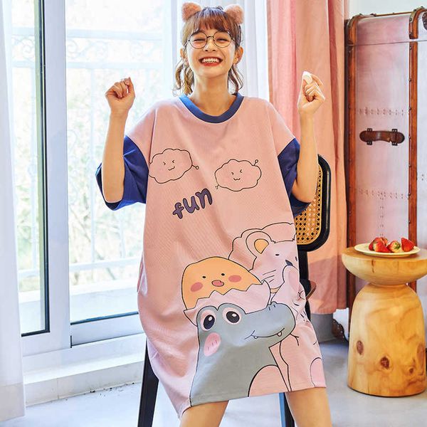 

women's sleep lounge casual cartoon nightgowns women short sleeve night dress 2021 new summer cotton sleepwear dress female pyjamas plu