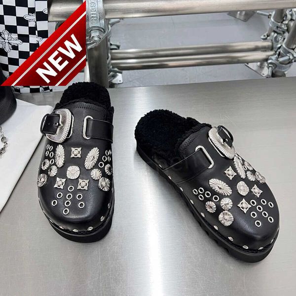 

slippers designer women's toga virilis winter fashion punk style thick bottom black metal decoration belt buckle warm flat heel serrate