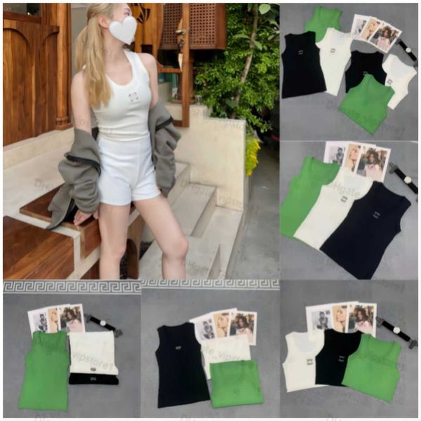 

23ss women knits r embroidery t shirt sleeveless breathable knitted knits tee sport tank vest yoga tees c1, White