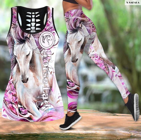 

pants love horse 3d printed women two piece yoga set vest hollow combo tank legging waist sport fitness quick dry e23, White
