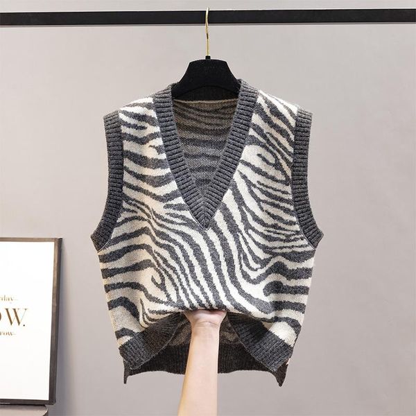 

leather waistcoat vest jacket autumn knit women's sweater winter zebra pattern outer wear loose korean style, Black