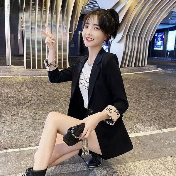 

pants black suit blzer for women short spring/autumn new three quarter sleeve flanging leisure suit korean khaki crop blzer woman, White