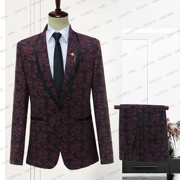 

men's suits blazers costume homme wine red and black jacquard one button tuxedo men suits slim fit groom 2 pcs set terno masculino jack, White;black