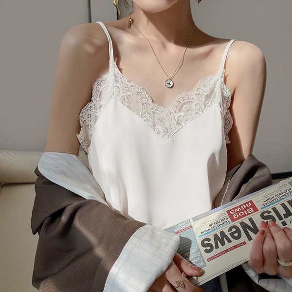 

camisoles tanks women's satin lace v neck camisole lady office wear basic camis sleeveless solid color tank 230503, Black;white