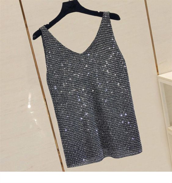 

camisoles tanks knitted camisole women's summer korean sleeveless vest t-shirt sequined short form fashion design oversize tanks 23050, Black;white
