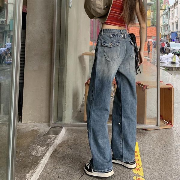 

jeans blue women's straight cargo jeans high waist american style streetwear vintage pants casual ladies denim cargo wide leg trouser