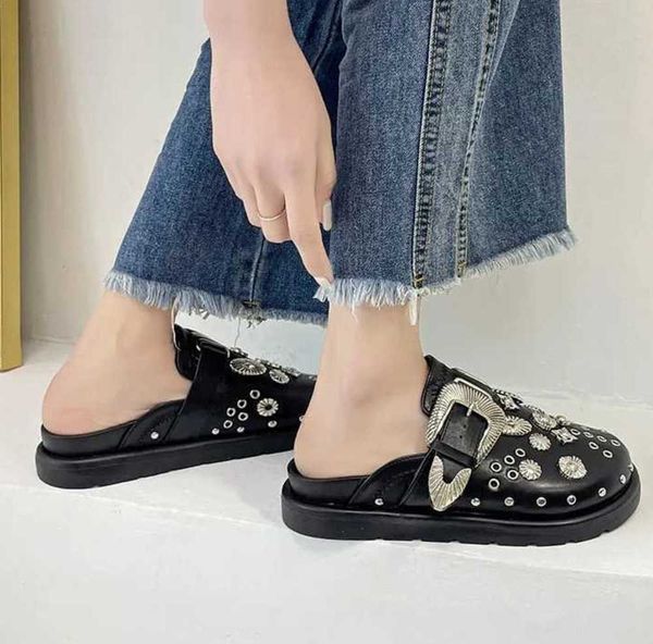 

slippers summer women slippers platform rivets punk rock leather mules creative metal fittings casual party shoes females266, Black