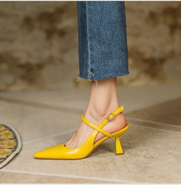 

sandals fashion mid heels ladies pumps pointed toe shallow ankle strap woman shoes summer slingback female sandal 2023 230503, Black