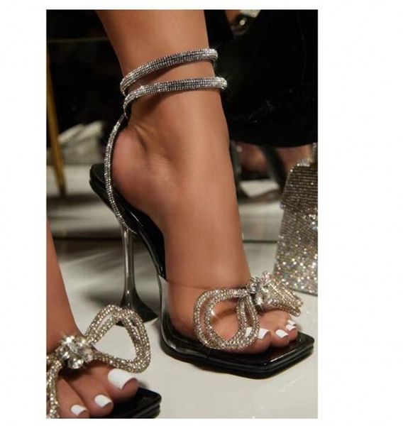 

rhinestone bow tie sandals fashion summer gladiators shinny transparent high heel crystal t show pumps, Black