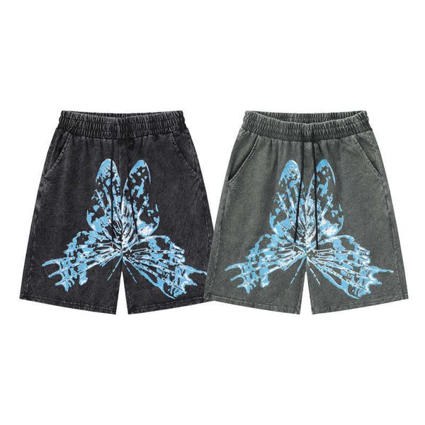 

men's shorts oversize blue butterfly print vintage wash short jeans men women heavy fabric shortpant beach haii breeches j230503, White;black