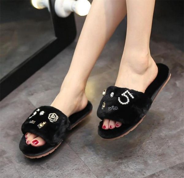 

xxx perfume flower fur slippers women plush flip flops camellia pearl beading sandals pantufas cozy home slides 2204081873740, Black