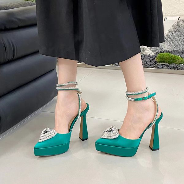 

mach satin sandals womens leather sole high heels 11.5 cm platform dress shoes diamond chain decoration luxury designer shoe with pointed ba, Black