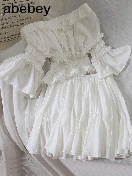 

dress three quarter sleeve slash neck crop + skirt women summer 2 piece sets 2022 new summer fashion ladies solid casual suit set, White