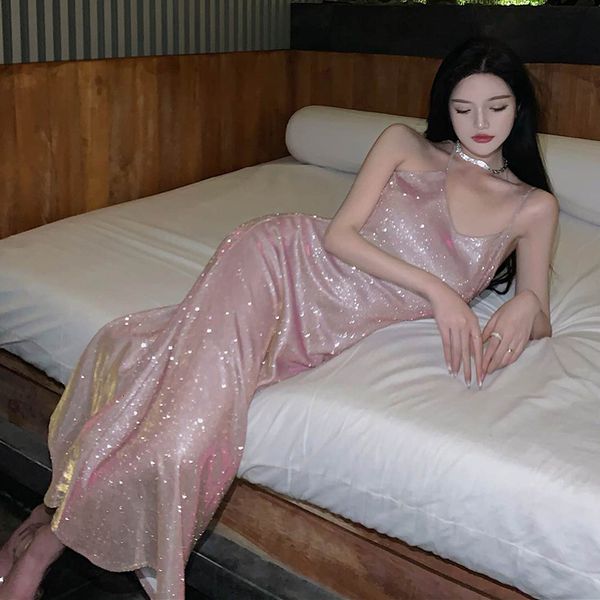 

casual dresses xpqbb slim fit spaghetti strap dress women fashion sequin off shoulder party dress woman elegant high waist maxi dresses 2305, Black;gray