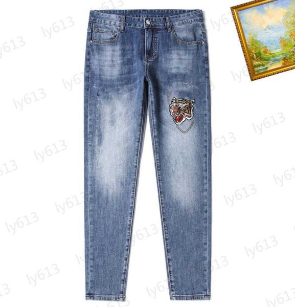 

mens jeans designer spring summer fashion luxury classic loose fit retro heavy duty wash tiger embroidery print design denim pants male trou, Blue