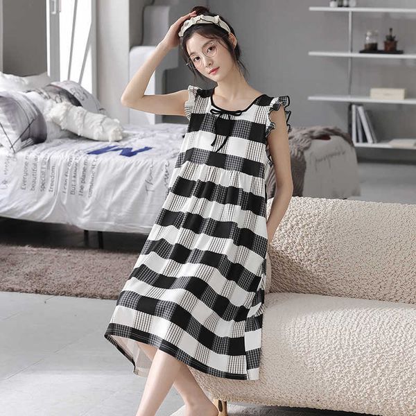

women's sleepwear cute plaid ruffles night gowns sleepwear women summer wide strap sleeveless sleep shirt loose casual round neck sleep, Black;red