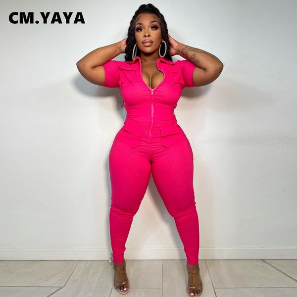 

pants cm.yaya plus size elegant women zipper fly short sleeve pocket skinny stretch workout jumpsuit for 2022 summer fashion playsuit, Black
