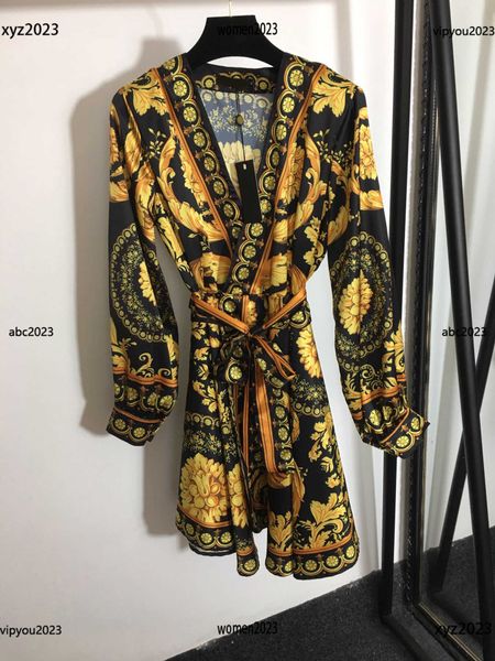 

designer dress lace up waist retro print dress party dresses new style fashion v-neck long sleeves dress new arrival, White;black