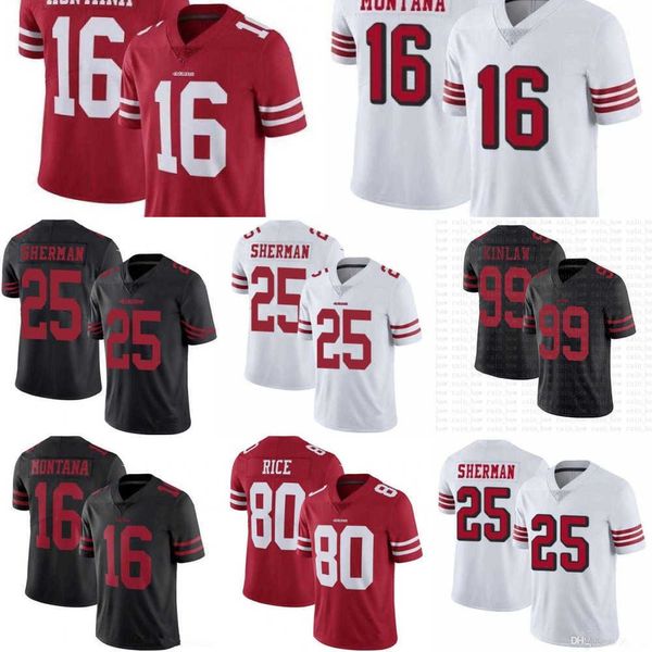 

2023 football jerseys men women san francisco''49ers''jersey 16 joe montana 80 jerry rice 99 javon kinlaw 25 richard she, Black;red