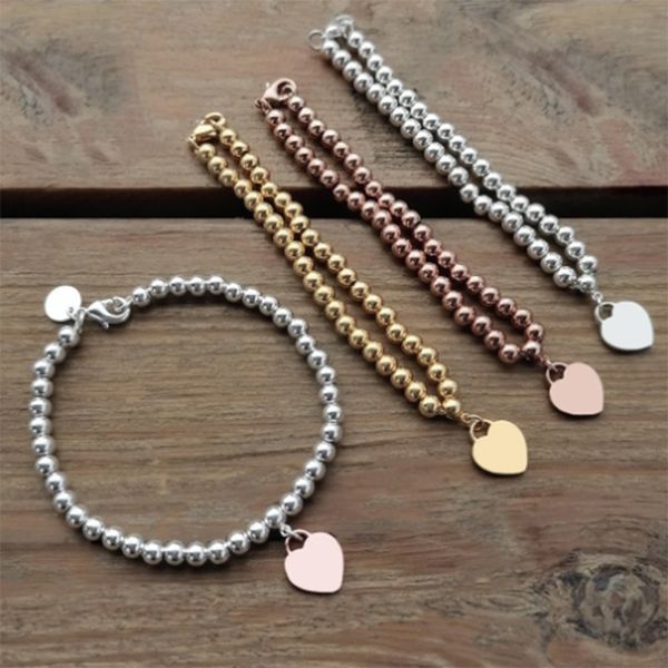

t jewelry designer bracelet 925 sterling silver tag love heart bracelets original classic t beaded bracelet 4mm rose gold bead man women jew, Golden;silver