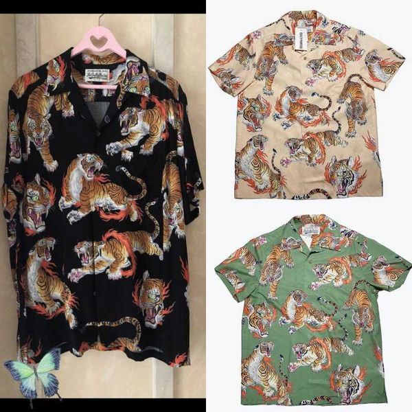 

men's casual shirts oversize wacko maria shirts store limited fire ring tiger high-quality full printed short sleeved casual outdoor ha, White;black