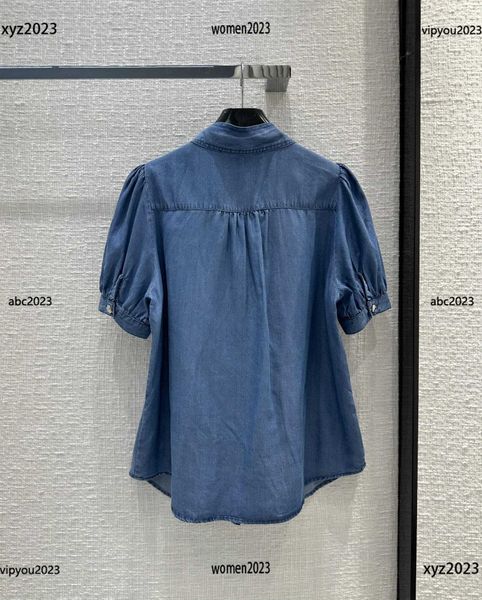

women shirt t-shirt bubble sleeve design lady blouse lapel temperament ribbon bow tie denim shirt new arrivals, White