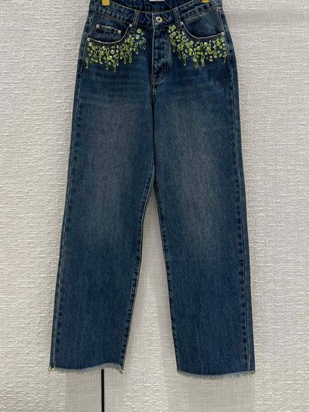

jeans women's original brand letter embroidered pocket jeans fringe famous pants crystal beaded design luxury trousers, Blue