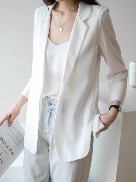 

pants 2022 summer new women's small suit jacket women's thin loose sunscreen small suit medium and long chiffon cardigan, White