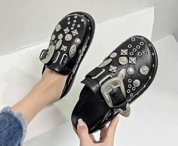 

summer women slippers platform punk rock leather mules creative metal fittings casual party shoes female outdoor slides t22120911, Black