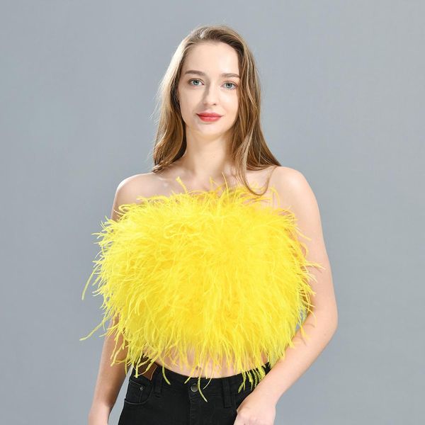 

fur 2022 new women ostrich feather tube spring summer stretch bra lady party wedding fashion sleeveless cropped top, Black