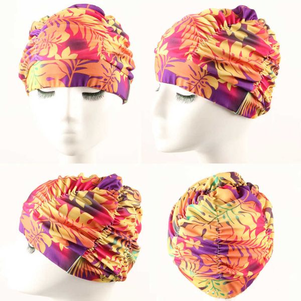 

swimming caps women pleated flower printed beach nylon stretch elastic swimming cap fashion pool bathing long hair hat j230502
