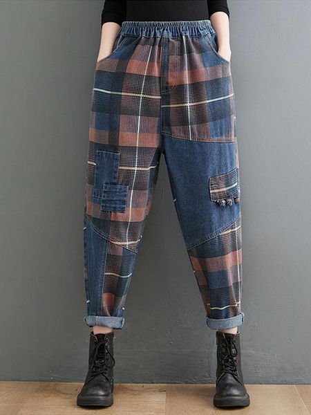 

jeans 2022 retro fashion elastic waist jeans women's personality colorblocking denim harem pants loose ninepoint baggy pants trend, Blue