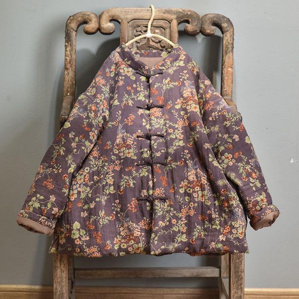 

leather women loose chinese style printed parkas outerwear cotton linen coat female 2022 winter padded coat female vintage coat, Black