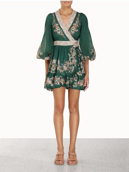 

runway dresses australian designer design 2023 spring/summer vintage lantern sleeves wrapped print short dress, Black