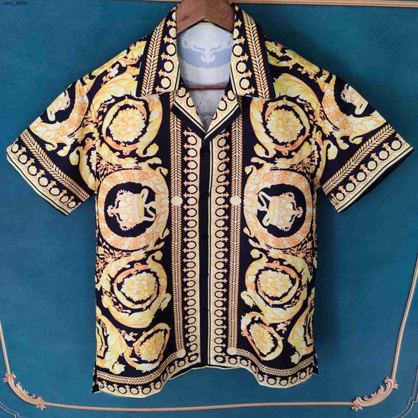 

men's casual shirts luxury royal gold printed shirt men short sleeve floral baroque designer shirt men high street vintage party banque, White;black