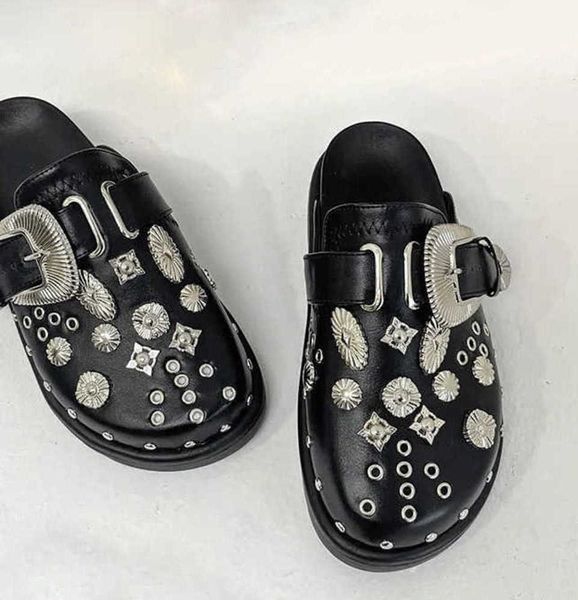 

summer women slippers platform punk rock leather mules creative metal fittings casual party shoes female outdoor slides 230202, Black