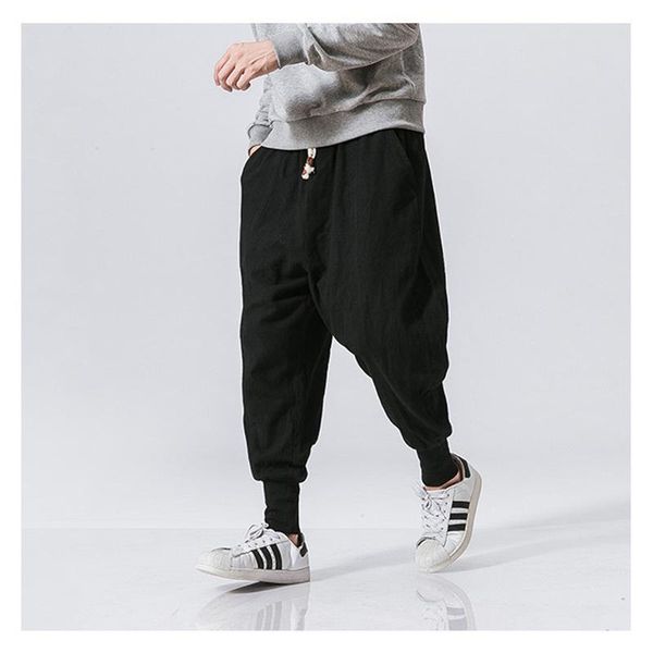 

pants cotton harem pants men solid elastic waist streetwear joggers 2021 new baggy dropcrotch pants casual trousers men dropshipping, Black