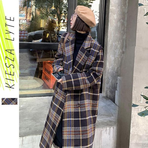 

fur woolen coat midi length over the knee new for women 2022 autumn winter loose plaid coats, Black