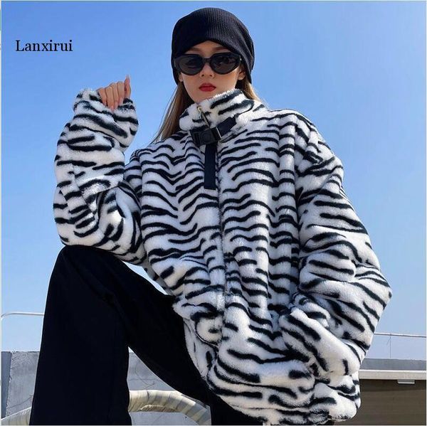 

leather women's winter harajuku retro warm coats women fashion plush zipper pocket jackets 2020 zebra striped parka outwear coats, Black