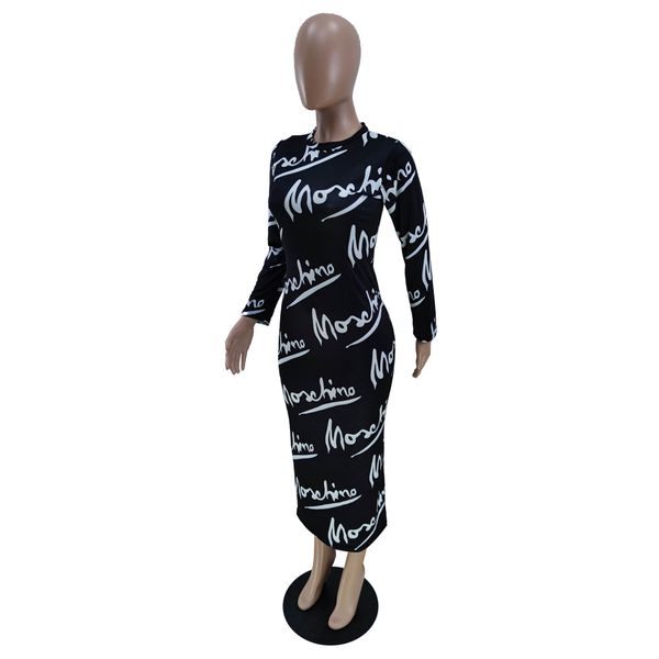 

fashion women casual dresses long sleeve o neck bodycon dress club outfit letter printing long slim skirts mini party blouse femme, Black;gray