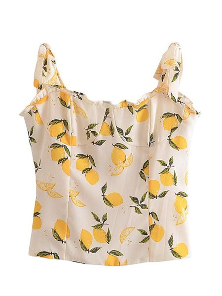 

t-shirt yenkye 2022 fashion women vintage lemon print camisole sleeveless ladies summer chiffon crop top, White