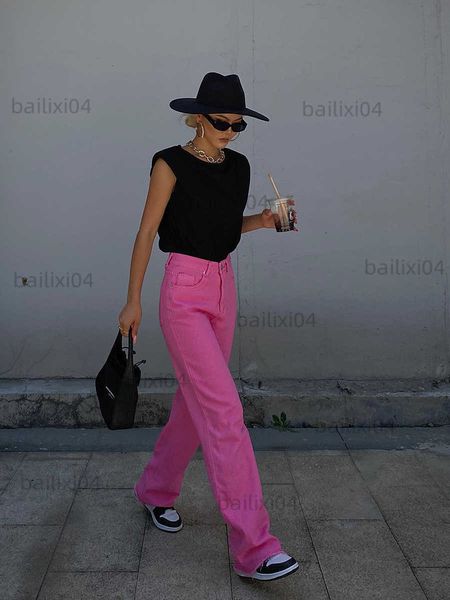

women's jeans woman high waist pink green denim jeans pants t230503, Blue