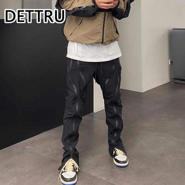 

pants mens high street multi zipper drawstring vibe style overalls straight oversized casual baggy cargo pants waterproof trousers, Black