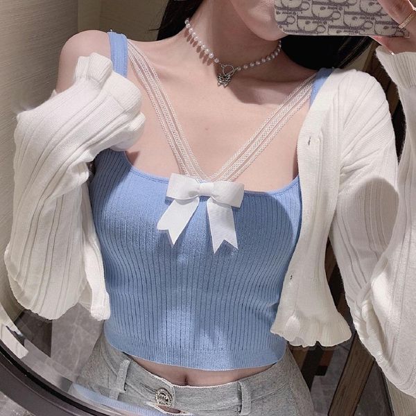 

tanks y2k 2022 summer new korean version fashion knitted camisole slim backless lace cute girl kawaii bow crop for women, Black;white