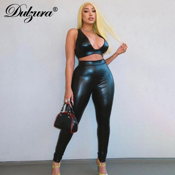 

pants dulzura pu fake leather women 2 piece set bra high waist pants bodycon streetwear club party festival 2020 autumn winter, White