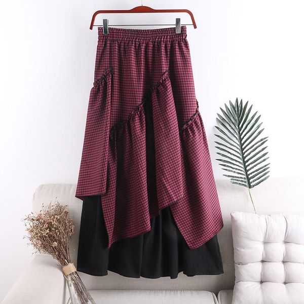 

dresses tutu skirts womens 2022 new spring autumn vintage irregular patchwork midi skirts high waist slim plaid ol faldas jupe femme, White;black