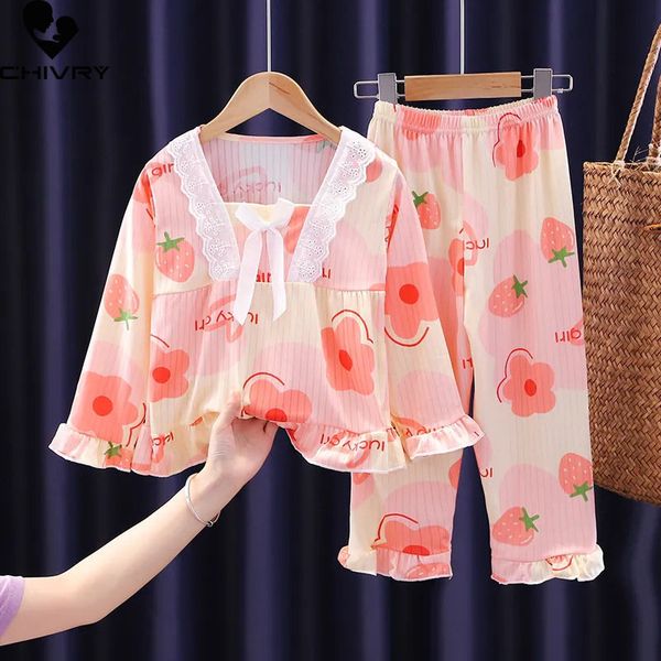 

pajamas girls pajamas sets cute cartoon bear strawberry long sleeve lace shirt with pants baby spring sleeping homewear 230503, Blue;red