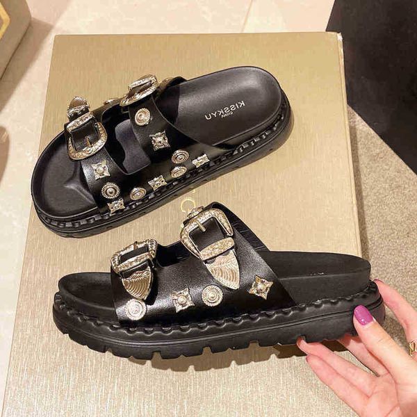 

sandals summer women slippers rivets punk rock leather platform mules creative metal fittings casual party shoes female outdoor 220623, Black